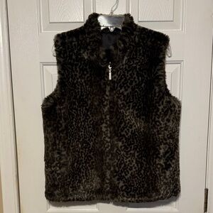 Guess Brown and Gray Faux Fur Reversible Black Satin Solid Vest Large‎